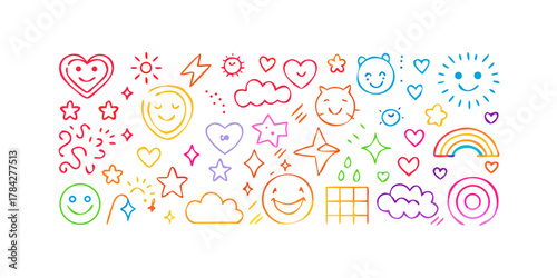 A whimsical array of handdrawn icons featuring smiling faces, hearts, stars, rainbows, and clouds, creating a joyful and colorful composition