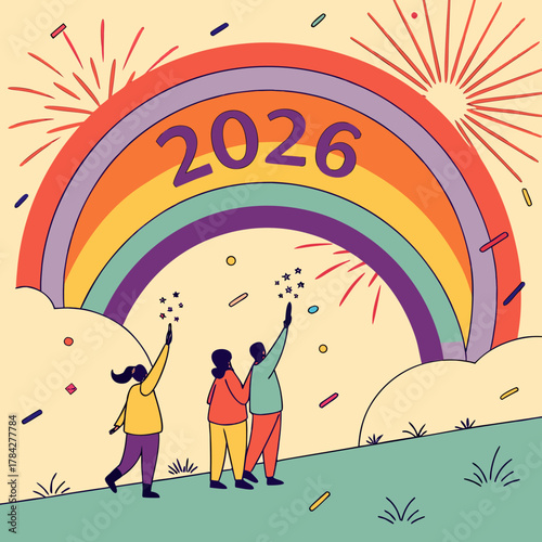 Three people watching fireworks under a rainbow with the year 2026 new year celebration