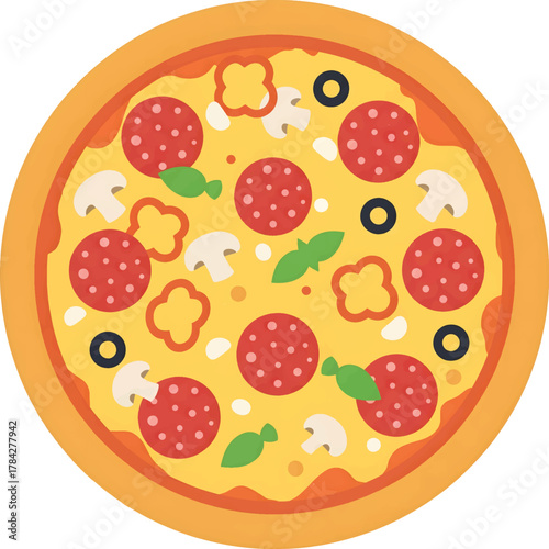 Vector Illustration Delicious Flat Style Pizza with Assorted Toppings