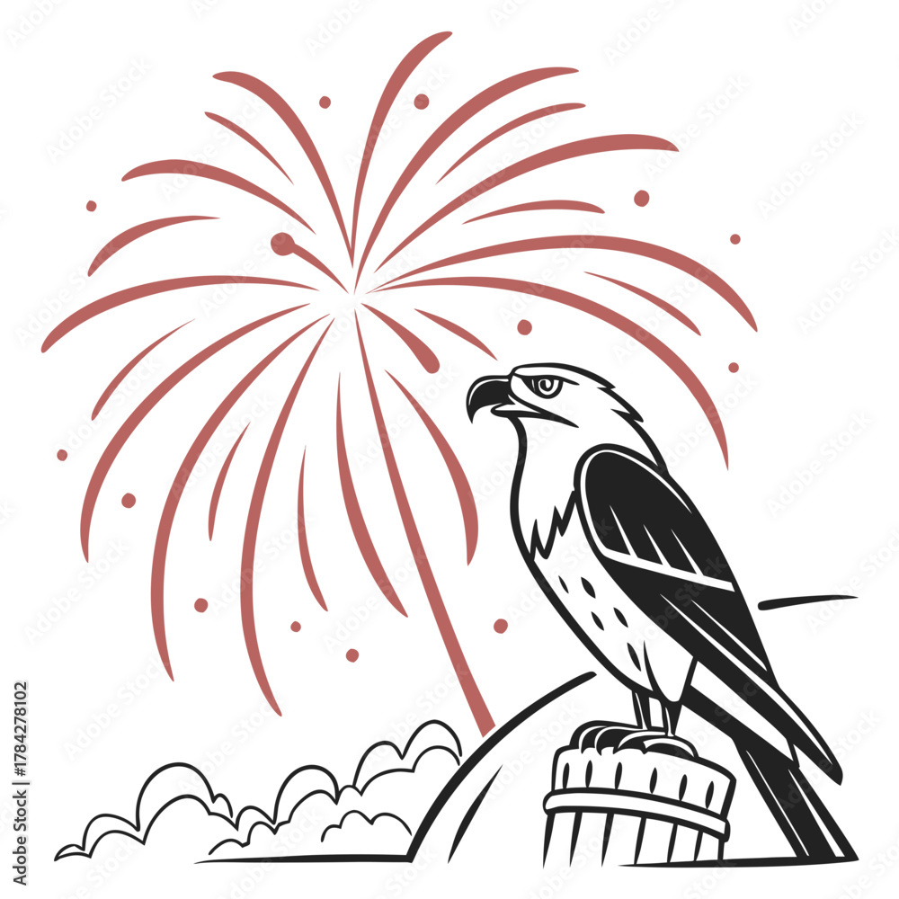Fototapeta premium Eagle Perched on Pedestal with Fireworks and Clouds on White Background Keywords: eagle, bird