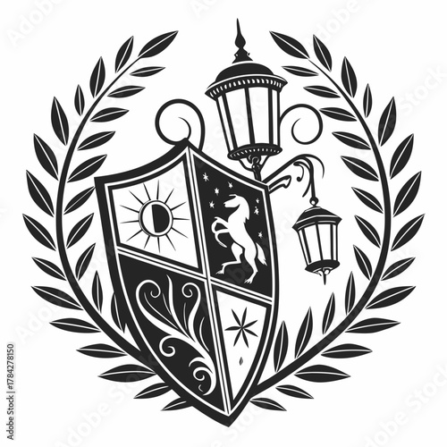 Black and white heraldic shield with lanterns and laurel wreath crest emblem