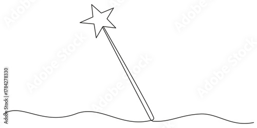 Magic stick one line continuous. Line art Magic Wand. Hand drawn vector art, Magic wand linear drawn continuous icon. Vector illustration
