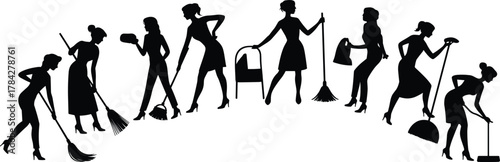 Silhouettes of women cleaning—sweeping, mopping, vacuuming, dusting—in vintage style for domestic work, service, and illustration design use