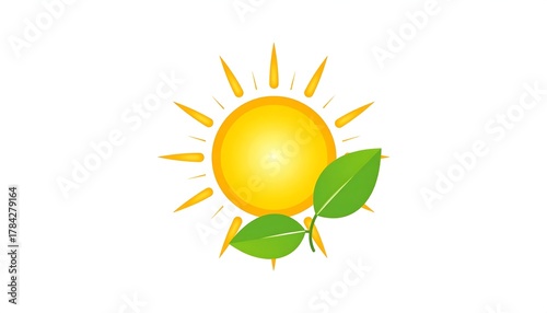 A vibrant illustration depicts a bright yellow sun with radiating rays, paired with two fresh green leaves. Clean white background