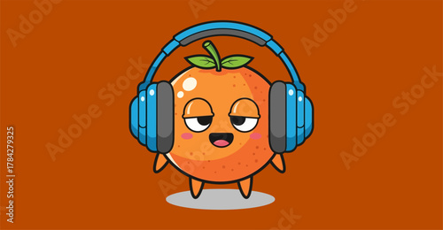An anthropomorphic orange fruit character wearing blue headphones, enjoying music on an orange background.