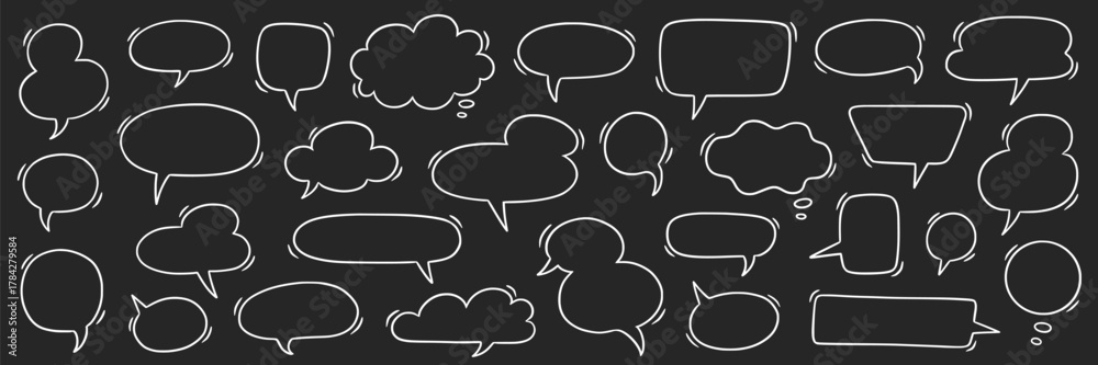 Obraz premium Speech bubble doodle talk set. Hand drawn comic doodle style dialog balloon, thought cloud speech bubble element pack. Cartoons speak elements on a blackboard background. Vector illustration