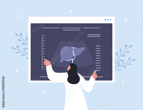 Hepatologist conducting liver disease evaluation. Medical diagnosis and treatment plan for hepatitis, cirrhosis, or hepatic cancer. Cartoon vector illustration.
