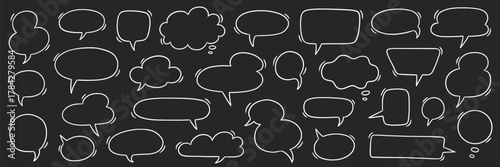 Speech bubble doodle talk set. Hand drawn comic doodle style dialog balloon, thought cloud speech bubble element pack. Cartoons speak elements on a blackboard background. Vector illustration