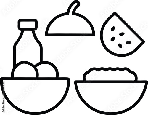 Modern flat food icons line art transparent background