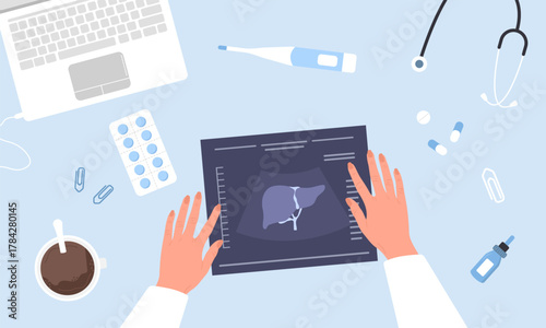 Hepatologist examining liver ultrasound result for disease diagnosis and treatment. Medical care for hepatitis or cancer. Cartoon vector illustration. Top view workplace with pills and stethoscope.