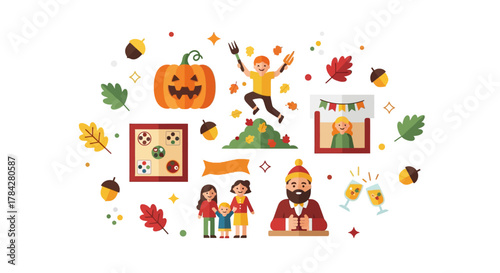Thanksgiving Family Activities Flat Icon Set — Pumpkin Carving, Leaf Jump, and Storytime