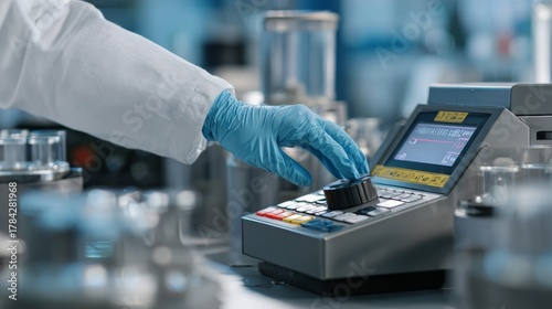 A gloved hand in a lab coat operates control panel with buttons, knobs, and display on machinery within a clean workspace