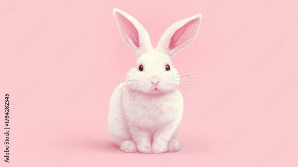 Obraz premium A white rabbit with perked ears gazes directly at the viewer against a soft pink background,