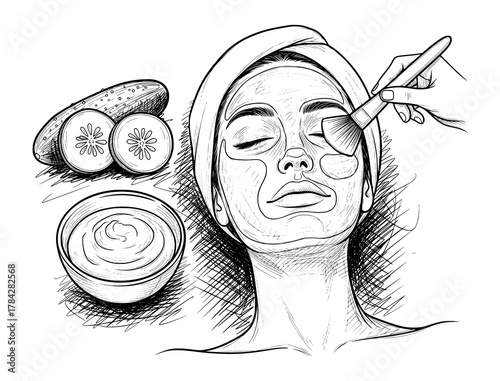 Hand-Drawn Facial Treatment with Cucumber and Cream in Sketch Style. Vector Illustration for Wellness and Skincare.