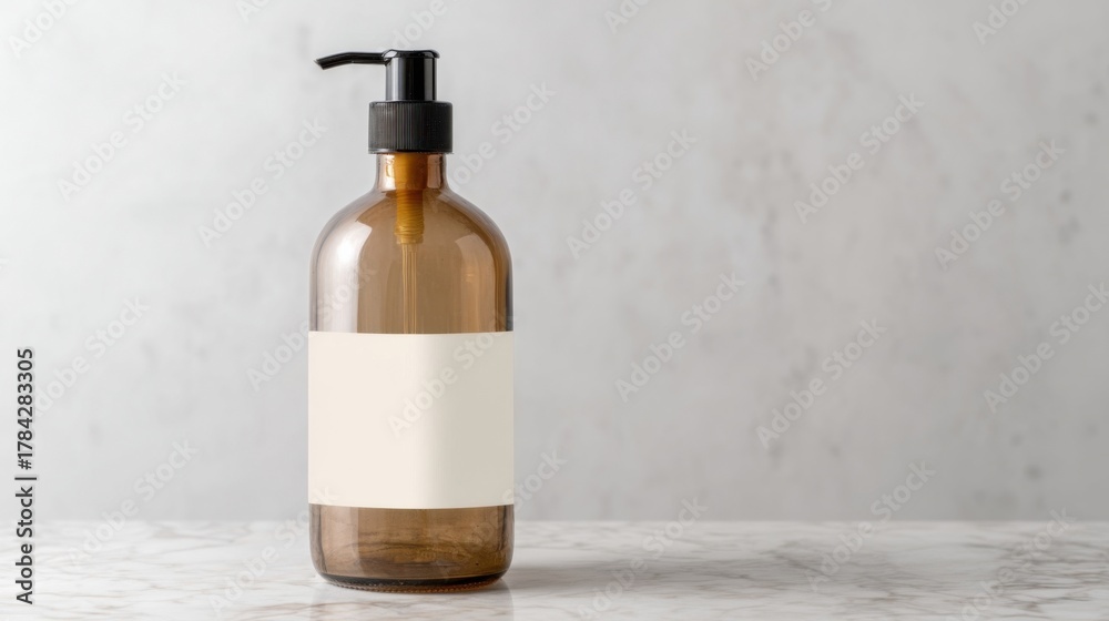Naklejka premium A clear brown glass bottle with a black pump dispenser stands on a light grey marble surface,