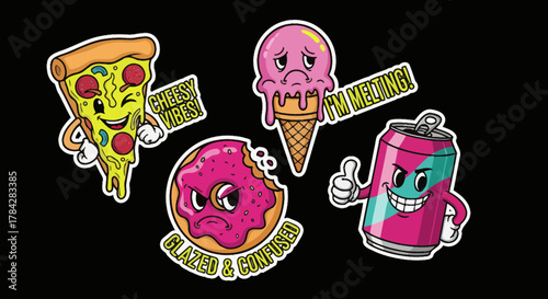 Cartoon Food Characters: Pizza, Ice Cream, Donut, Soda