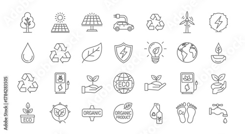 Set of eco and green energy icons thin line vector symbols for sustainable development isolated on white background