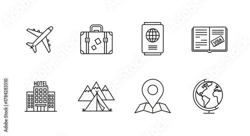 Set of travel icons minimalist line art vector design perfect for tourism apps and websites