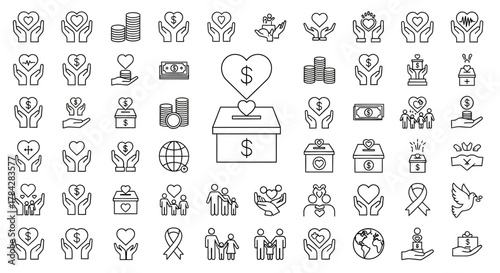 Set of charity and donation icons minimalist line art vector symbols for fundraising and social responsibility isolated on white background