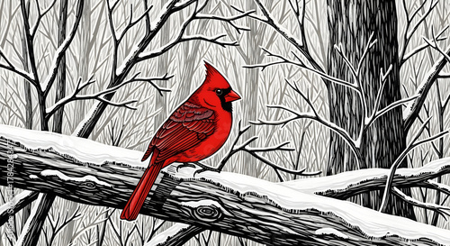 Cardinal's Winter Perch: A vibrant red cardinal stands boldly on a snow-covered branch in a serene monochrome forest, a splash of color against a backdrop of winter's embrace.