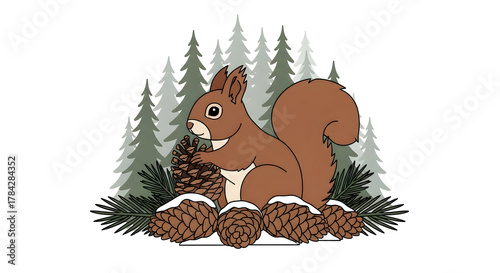 Squirrel with Pine Cones: A charming illustration depicts a squirrel amidst pine cones and evergreen trees, exuding a sense of nature's simplicity and the beauty of the season.