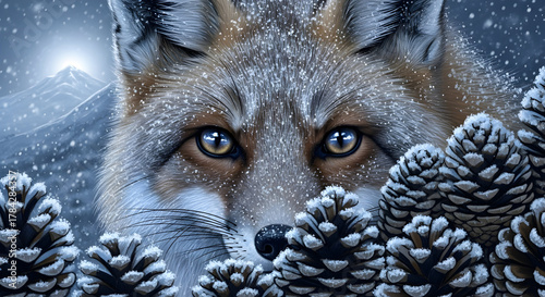 A Snowy Winter's Gaze: A captivating portrait of a fox emerges from a winter landscape, its amber eyes reflecting the snow.