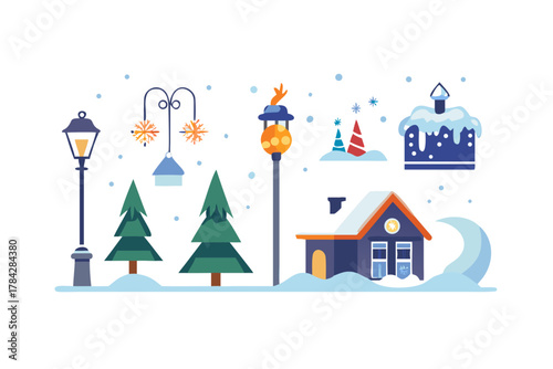 Winter landscape with house and trees for card