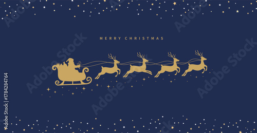 Santa Claus ride sleigh with flying reindeer. Sparkles, stars decorative element. Santa Sleigh Silhouette. Merry christmas banner. Vector illustration
