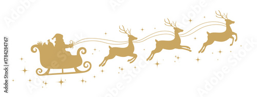 Santa Claus ride sleigh with flying reindeer. Sparkles, stars decorative element. Santa Sleigh Silhouette. Merry christmas banner. Vector illustration