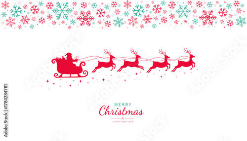 Santa Claus ride sleigh with flying reindeer. Sparkles, stars decorative element. Santa Sleigh Silhouette. Merry christmas banner. Vector illustration