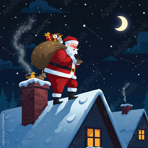 The Magic of Christmas Eve Unfolds Santa Claus Secretly Delivers Presents on a Snow-Covered Rooftop Under a Shimmering Starry Night Sky with a Crescent Moon