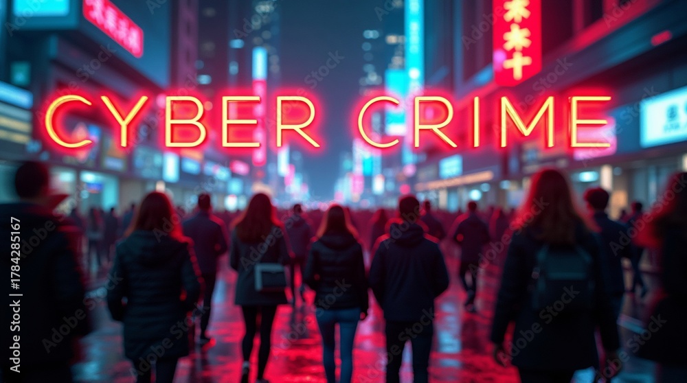 Naklejka premium A group of people walking through a neon-lit cityscape, the words 'CYBER CRIME' glowing prominently overhead.