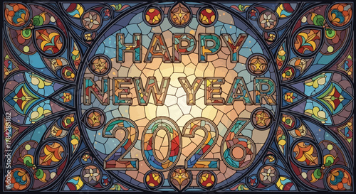 Happy New Year 2026 stained glass window design festive decorative element for holiday greeting cards and banners
