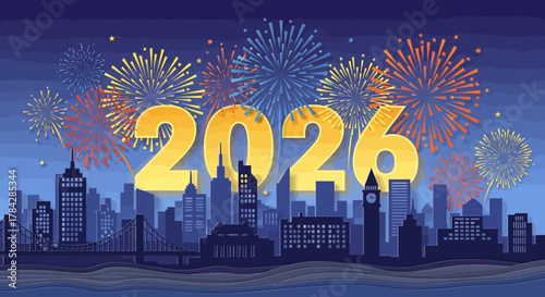 Festive 2026 New Year celebration with fireworks over a city skyline vector illustration for holiday greetings and event promotions