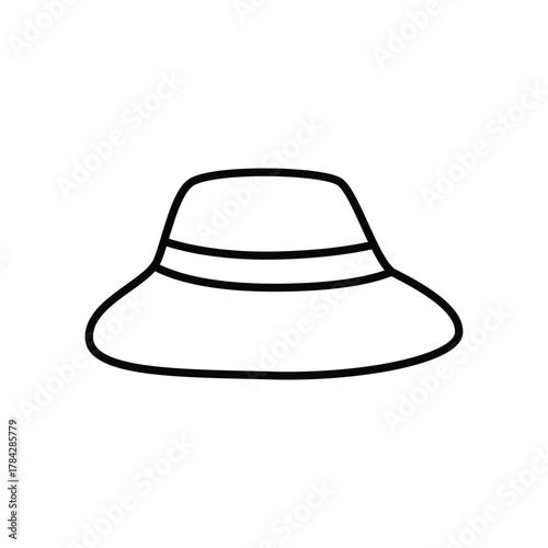 A black and white line drawing of a sun hat The hat has a wide brim and a band around the crown