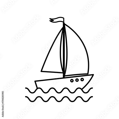 A black and white outline drawing of a sailboat with its mast and flag The boat floats on wavy lines