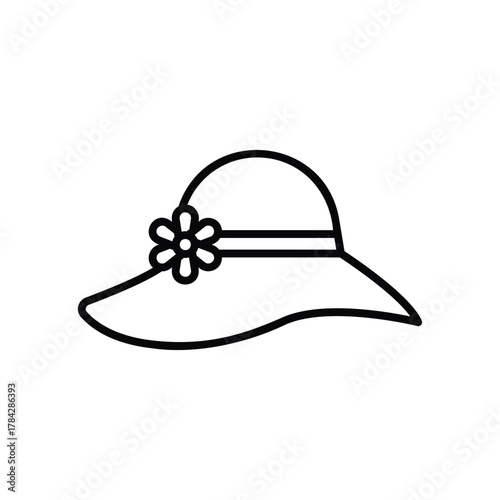 A black line drawing of a sun hat with a flower on it The hat has a brim and a ribbon