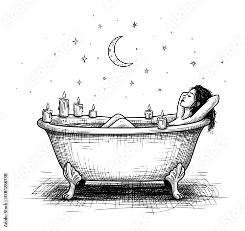 Woman Relaxing in a Vintage Clawfoot Bathtub. Hand-Drawn Engraving Style Vector for Relaxation and Self-Care.
