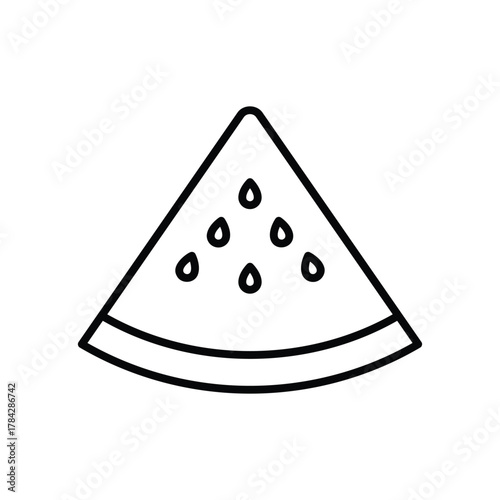 A black outline illustration of a watermelon slice triangular with seeds