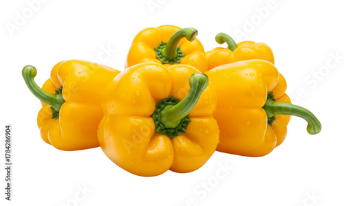 Pile of yellow bell peppers with green stems on white background.