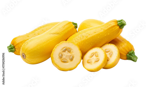 A group of fresh yellow summer squash, whole and sliced, isolated on a white background.