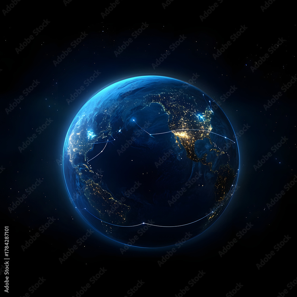 Fototapeta premium A globe with a network of lines and dots inside. Suitable for presentations and websites about globalization technology or the digital world. The image is ideal for illustrating global connectivity.