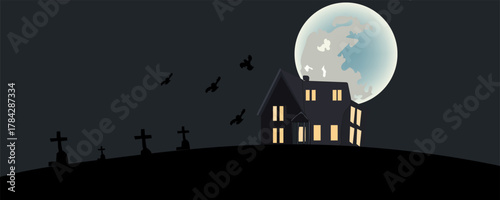 Silhouette haunted mansion on the hill with graveyard, dead tree, bats, full moon and angle of death have night sky background graphic illustration.