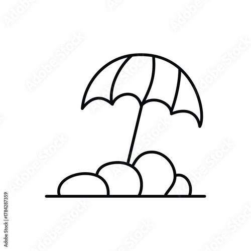 A blackandwhite line drawing shows a beach umbrella stuck in a pile of sand