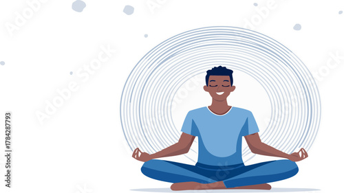 A serene man meditating in a lotus position, emanating calming blue energy waves and radiating peace.