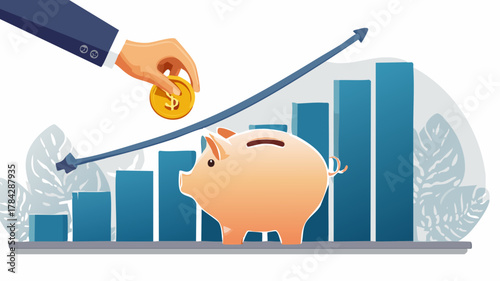 A hand places a gold coin into a piggy bank, symbolizing savings growth illustrated by an upward trending graph.