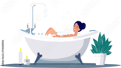 A woman relaxes in a bubbly bathtub, surrounded by lit candles and a potted plant, enjoying a peaceful and serene moment of self-care.
