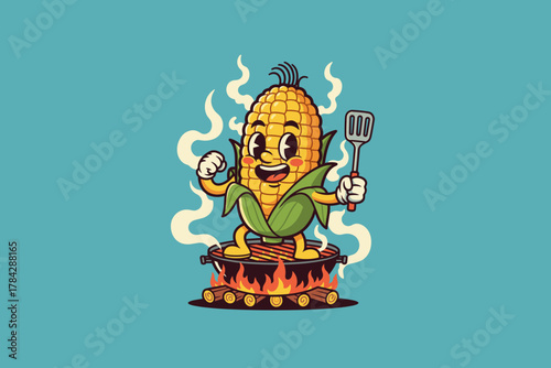 Happy Corn Character Grilling on a Campfire with Spatula in Hand