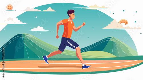 An athletic man in an orange shirt and blue shorts runs on a track with green hills and a blue sky in the background, illustrating outdoor fitness.