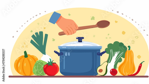 A hand with a wooden spoon stirring a blue cooking pot surrounded by an assortment of fresh, colorful vegetables.